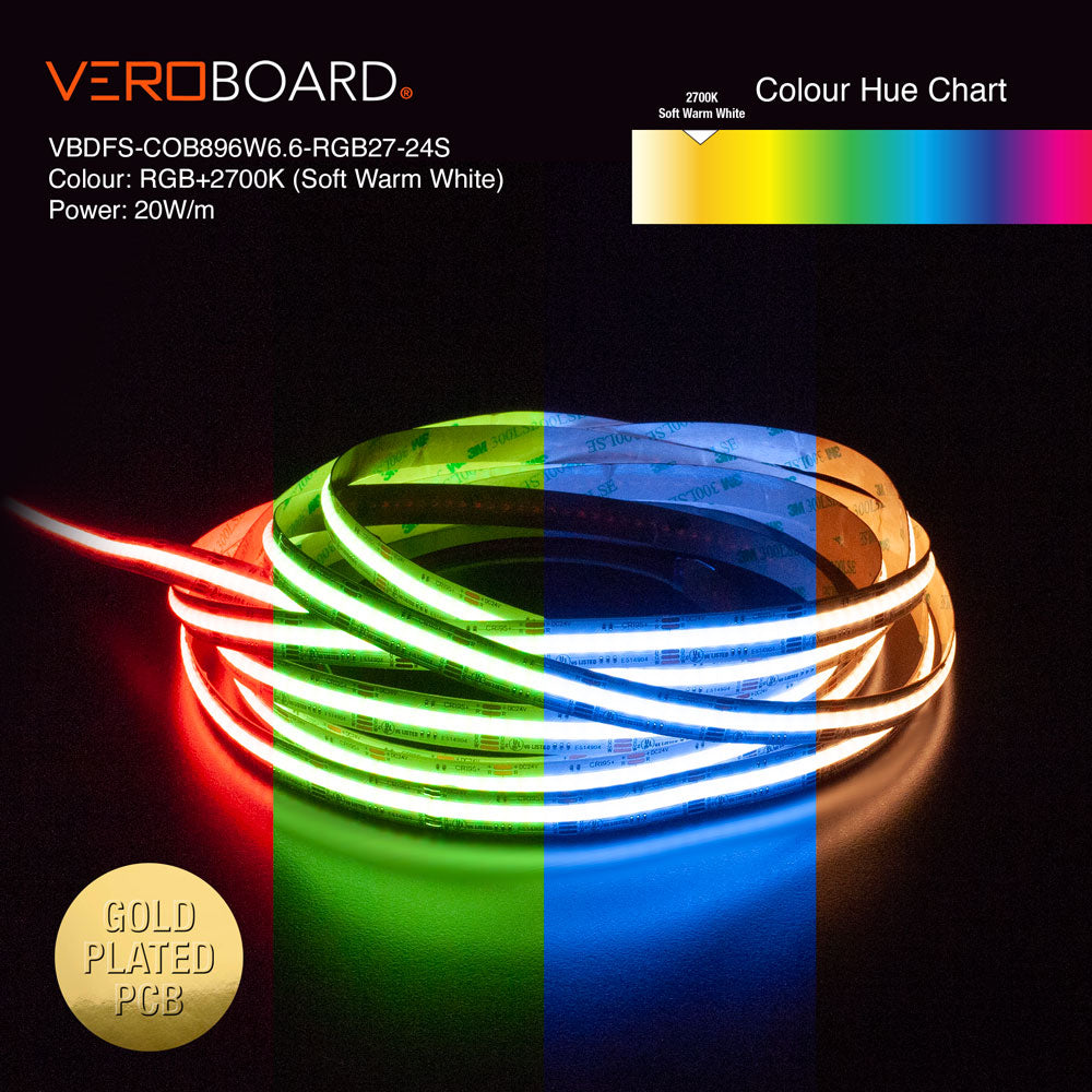 VBDFS-COB896W6.6-RGB27-24S Color Changing LED Strip, 20W/m(6.6W/ft) RGBW Gold PCB