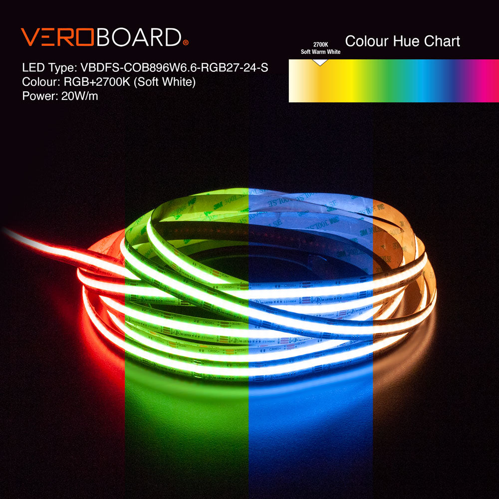 VBDFS-COB896W6.6-RGB27-24S Color Changing LED Strip, 20W/m(6.6W/ft) RGBW Gold PCB