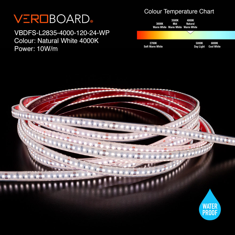 VBDFS-L2835-xxxx-120-24-WP Waterproof LED Strip, 980Lm/m (298Lm/ft) 10W/m(3W/ft) CCT(3K, 3.5K, 4K)
