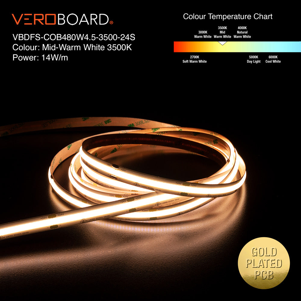 VBDFS-COB480W4.5-xxxx-24S, 1190Lm/m(363Lm/ft) 14W/m(4.5W/ft) CCT(2.7K, 3K, 3.5K, 4K, 5K) Gold PCB