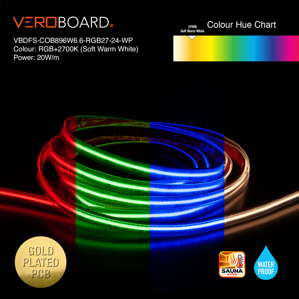 VBDFS-COB896W6.6-RGB27-24WP Color Changing LED Strip, 20W/m(6.6W/ft) RGBW Gold PCB
