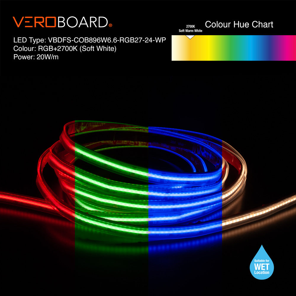VBDFS-COB896W6.6-RGB27-24WP Color Changing LED Strip, 20W/m(6.6W/ft) RGBW Gold PCB, veroboard