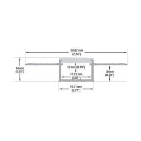 Dimensions of VBD-CH-D12 Flexible Plaster-In Cove LED Aluminum Channel, showing measurements in mm and inches.
