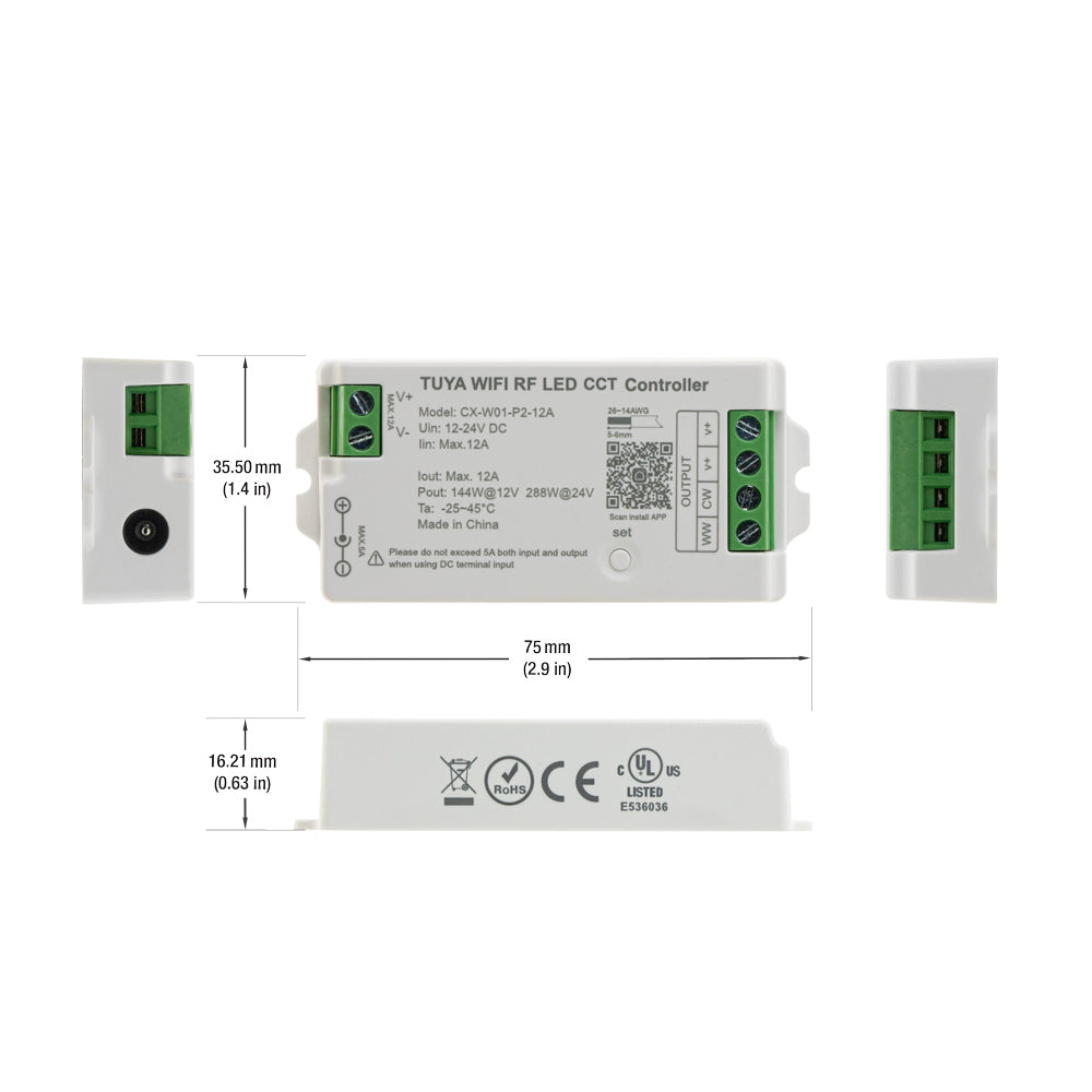 CX-W01-P2-12A-CCT, RF LED Light CCT Receiver, 2 channel + Tuya App, veroboard