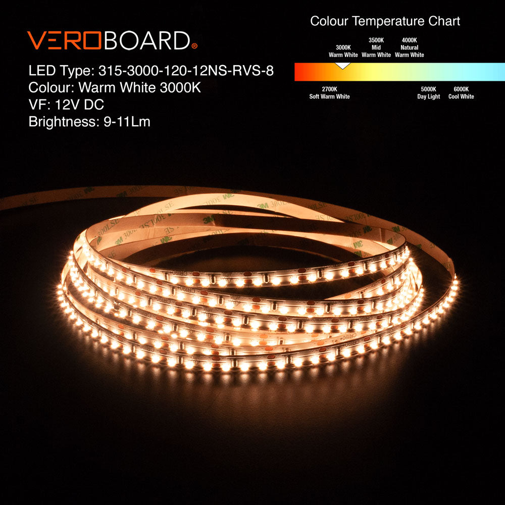 VBDFS-315-3000-120-12NS-RVS-8 Side Emitting LED Strip, 1320Lm/m(403Lm/ft) 9W/m(3W/ft) CCT(3K), veroboard