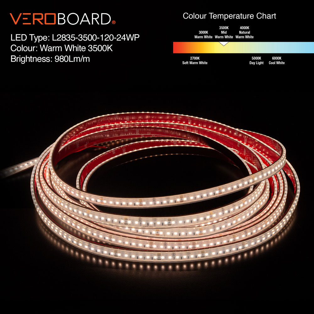 VBDFS-L2835-3000-120-24-WP Weatherproof LED Strip, 980Lm/m (298Lm/ft) 10W/m(3W/ft) CCT(3K), Veroboard