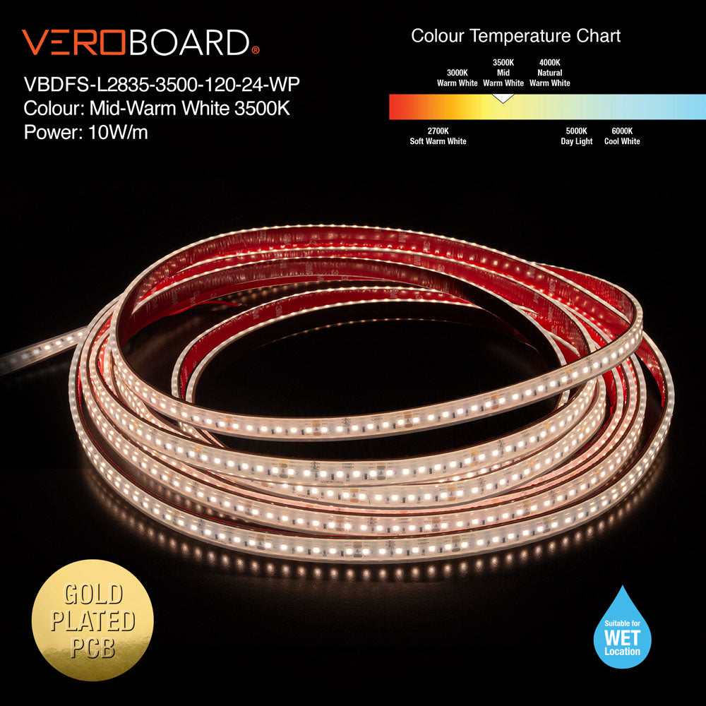 VBDFS-L2835-xxxx-120-24-WP Waterproof LED Strip, 980Lm/m (298Lm/ft) 10W/m(3W/ft) CCT(3K, 3.5K, 4K)