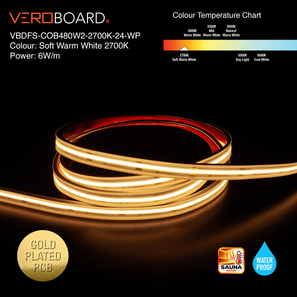VBDFS-COB480W2-xxxx-24-WP Waterproof COB LED Strip, 510Lm/m (155Lm/ft) 6W/m(2W/ft) CCT(2.7K, 3K, 3.5K, 4K, 5K)