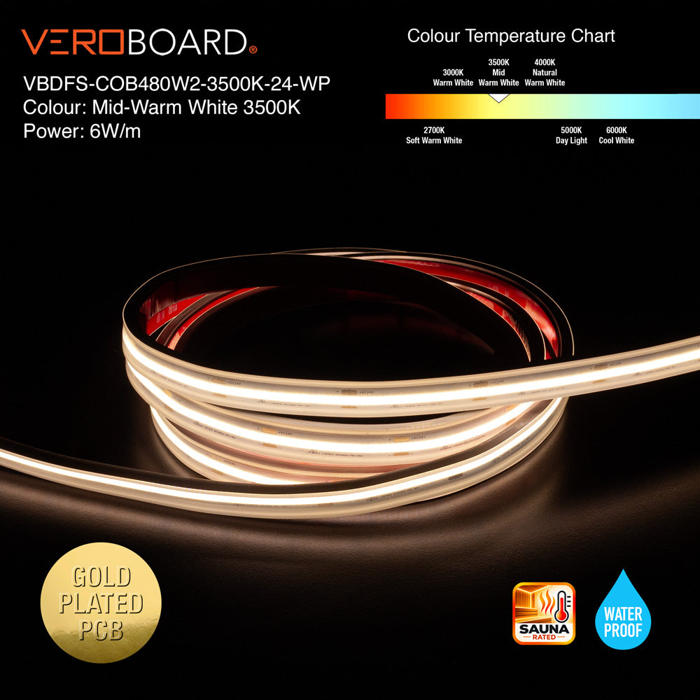 VBDFS-COB480W2-xxxx-24-WP Waterproof COB LED Strip, 510Lm/m (155Lm/ft) 6W/m(2W/ft) CCT(2.7K, 3K, 3.5K, 4K, 5K)