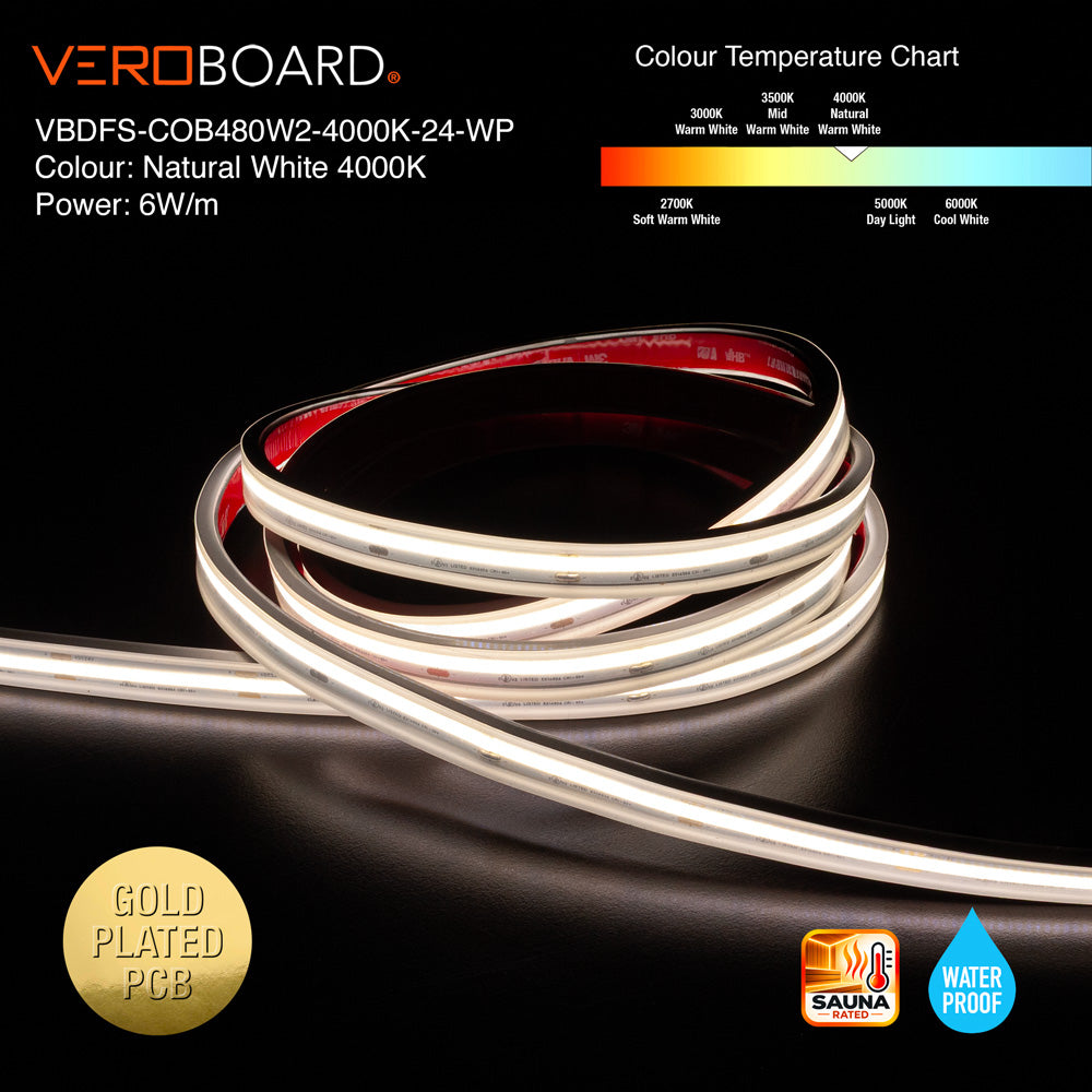 VBDFS-COB480W2-xxxx-24-WP Waterproof COB LED Strip, 510Lm/m (155Lm/ft) 6W/m(2W/ft) CCT(2.7K, 3K, 3.5K, 4K, 5K)