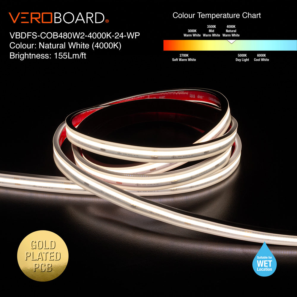 VBDFS-COB480W2-xxxx-24-WP Waterproof COB LED Strip, 510Lm/m (155Lm/ft) 6W/m(2W/ft) CCT(2.7K, 3K, 3.5K, 4K, 5K)