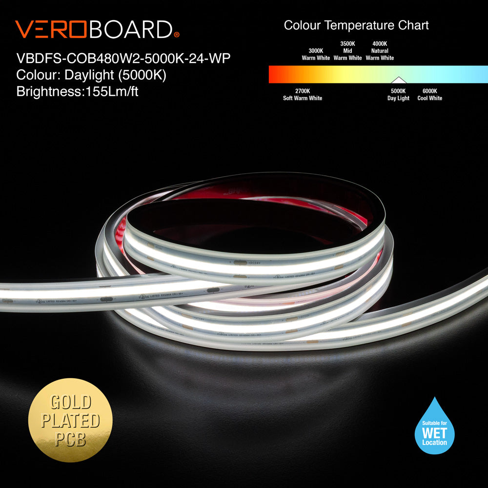 VBDFS-COB480W2-xxxx-24-WP Waterproof COB LED Strip, 510Lm/m (155Lm/ft) 6W/m(2W/ft) CCT(2.7K, 3K, 3.5K, 4K, 5K)