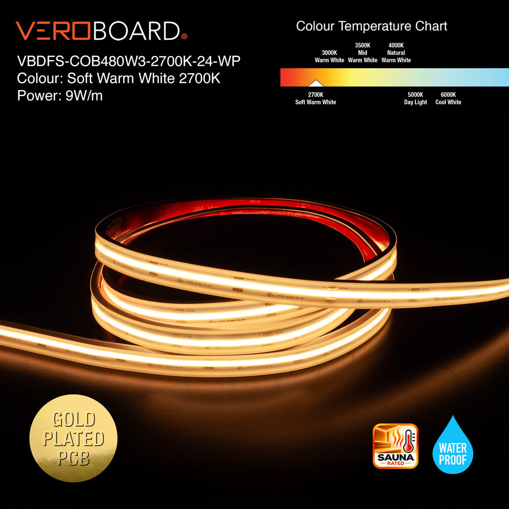 VBDFS-COB480W3-xxxx-24-WP Waterproof COB LED Strip, 765Lm/m (233Lm/ft) 9W/m(3W/ft) CCT(2.7K, 3K, 3.5K, 4K, 5K)
