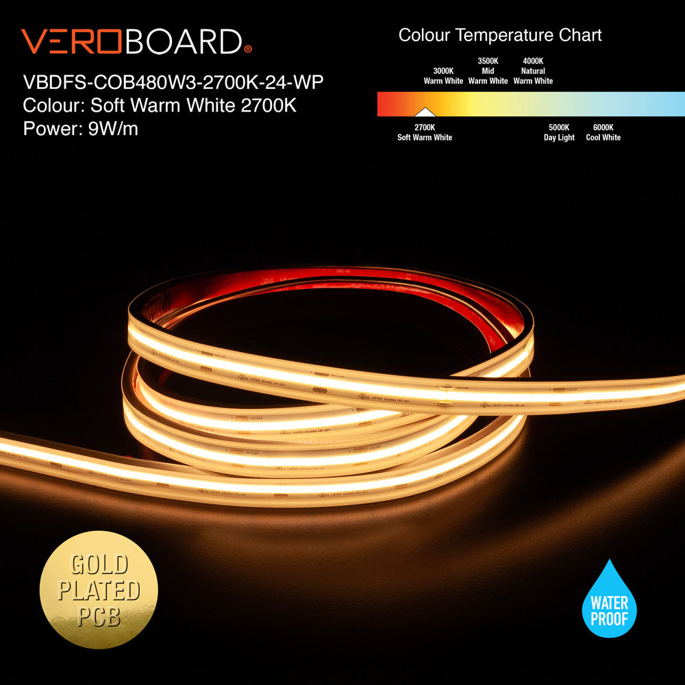 VBDFS-COB480W3-xxxx-24-WP Waterproof COB LED Strip, 765Lm/m (233Lm/ft) 9W/m(3W/ft) CCT(2.7K, 3K, 3.5K, 4K, 5K)