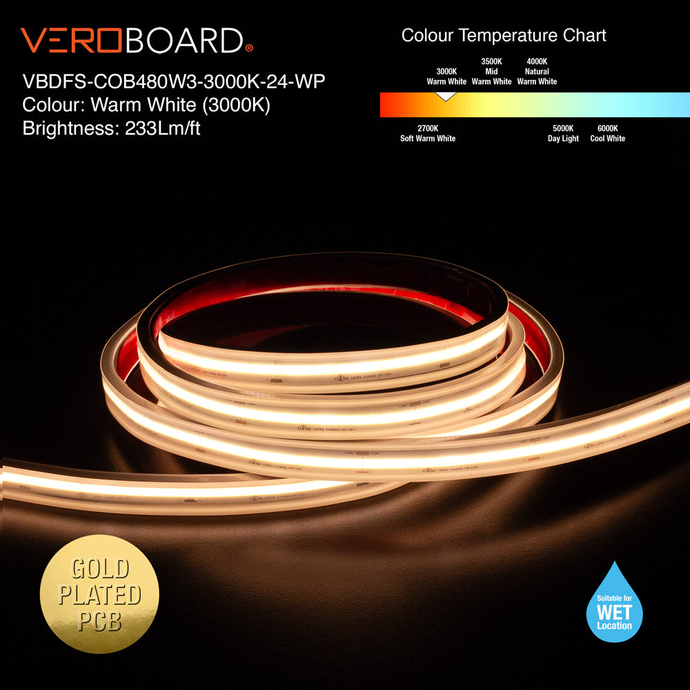 VBDFS-COB480W3-xxxx-24-WP Waterproof COB LED Strip, 765Lm/m (233Lm/ft) 9W/m(3W/ft) CCT(2.7K, 3K, 3.5K, 4K, 5K)