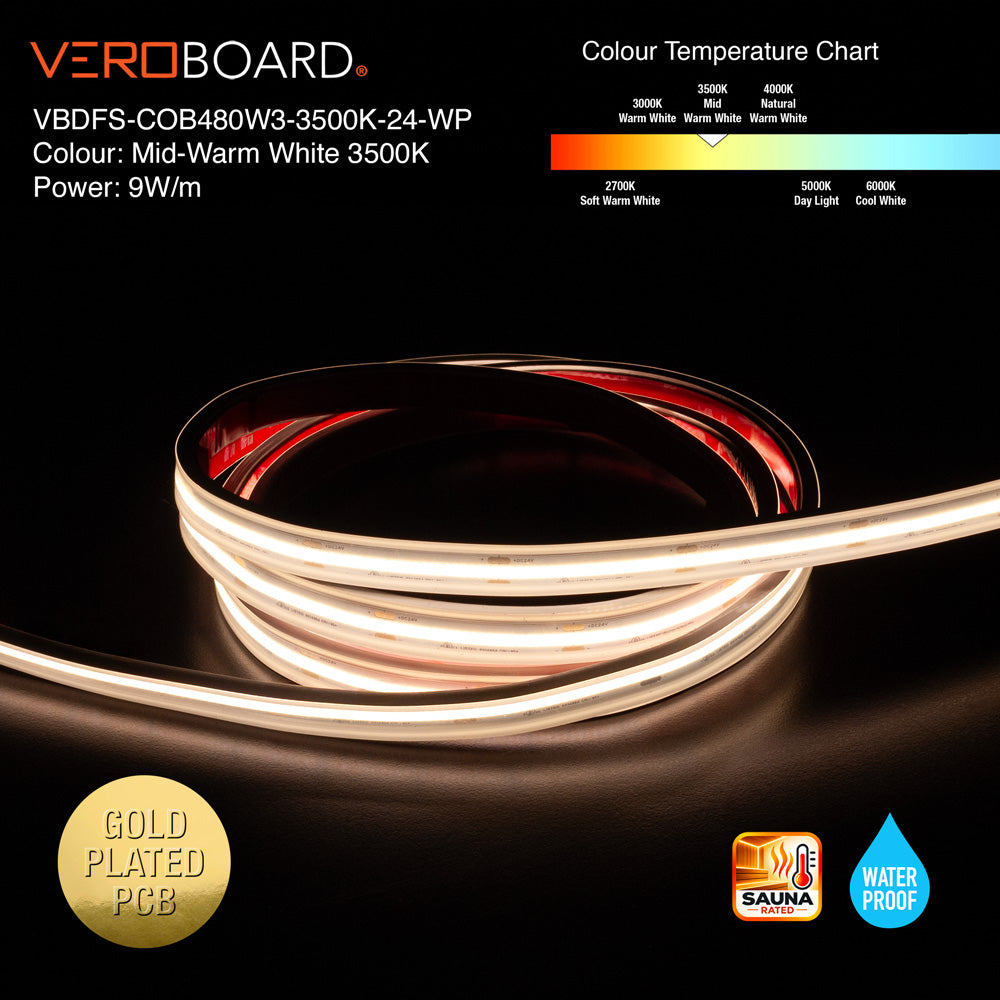 VBDFS-COB480W3-xxxx-24-WP Waterproof COB LED Strip, 765Lm/m (233Lm/ft) 9W/m(3W/ft) CCT(2.7K, 3K, 3.5K, 4K, 5K)