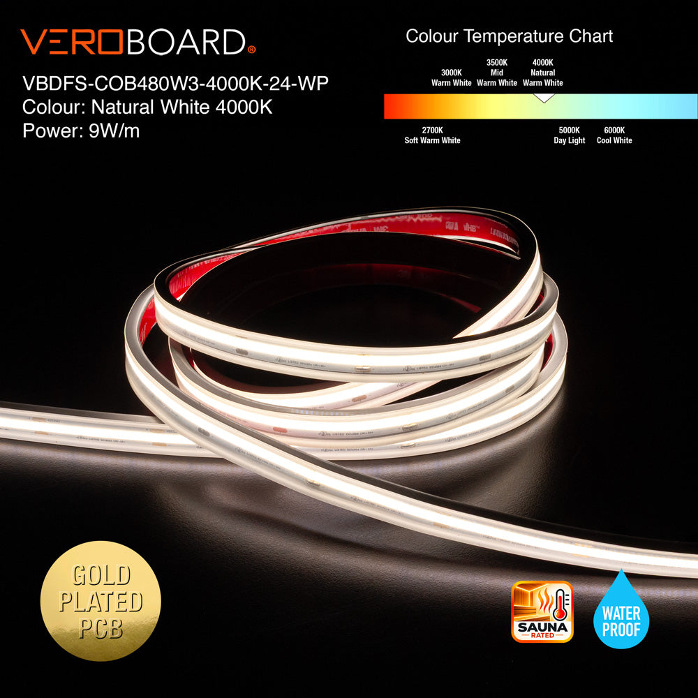 VBDFS-COB480W3-xxxx-24-WP Waterproof COB LED Strip, 765Lm/m (233Lm/ft) 9W/m(3W/ft) CCT(2.7K, 3K, 3.5K, 4K, 5K)