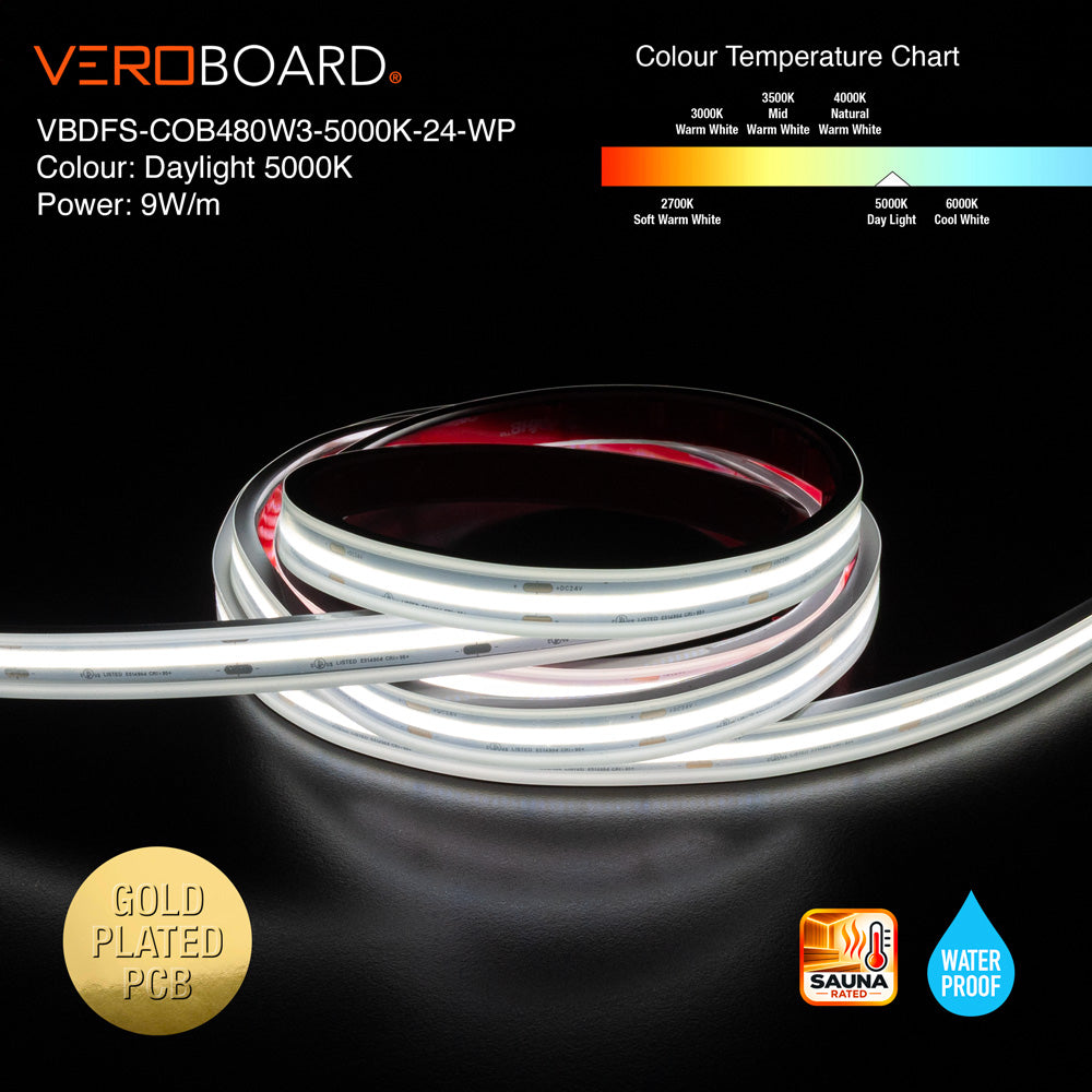 VBDFS-COB480W3-xxxx-24-WP Waterproof COB LED Strip, 765Lm/m (233Lm/ft) 9W/m(3W/ft) CCT(2.7K, 3K, 3.5K, 4K, 5K)