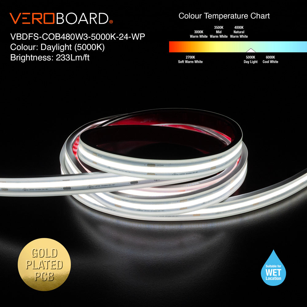 VBDFS-COB480W3-xxxx-24-WP Waterproof COB LED Strip, 765Lm/m (233Lm/ft) 9W/m(3W/ft) CCT(2.7K, 3K, 3.5K, 4K, 5K)