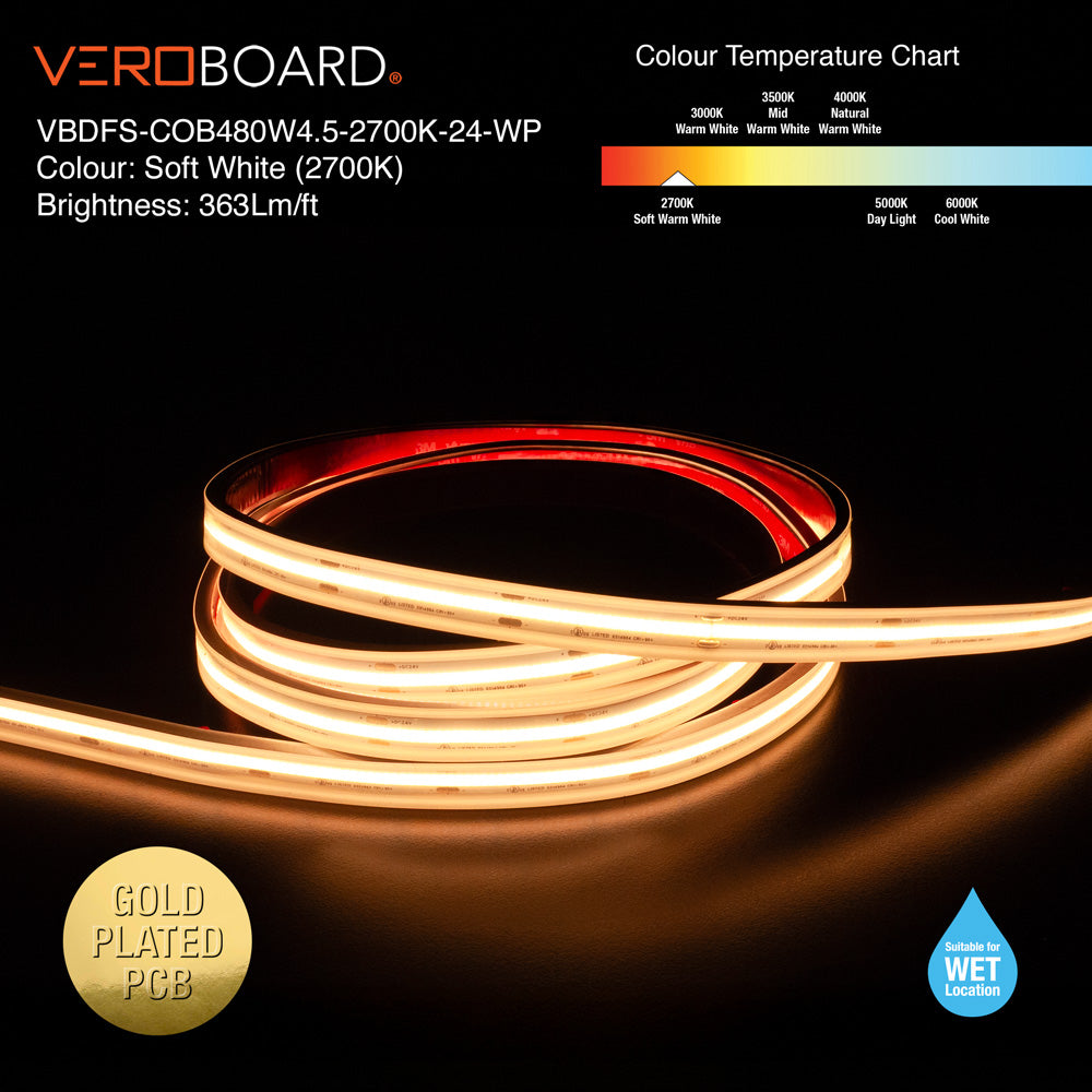 VBDFS-COB480W4.5-xxxx-24-WP Waterproof COB LED Strip, 1190Lm/m (363Lm/ft) 14W/m(4.5W/ft) CCT(2.7K, 3K, 3.5K, 4K, 5K)