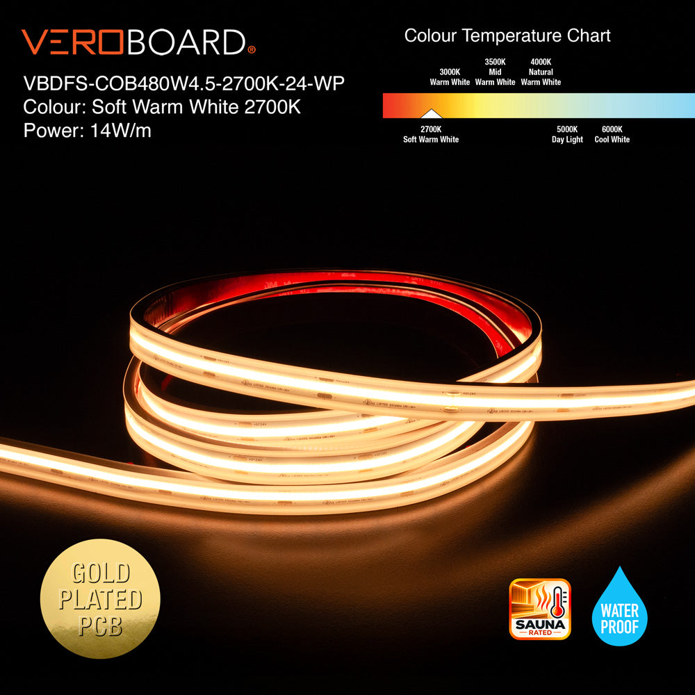 VBDFS-COB480W4.5-xxxx-24-WP Waterproof COB LED Strip, 1190Lm/m (363Lm/ft) 14W/m(4.5W/ft) CCT(2.7K, 3K, 3.5K, 4K, 5K)