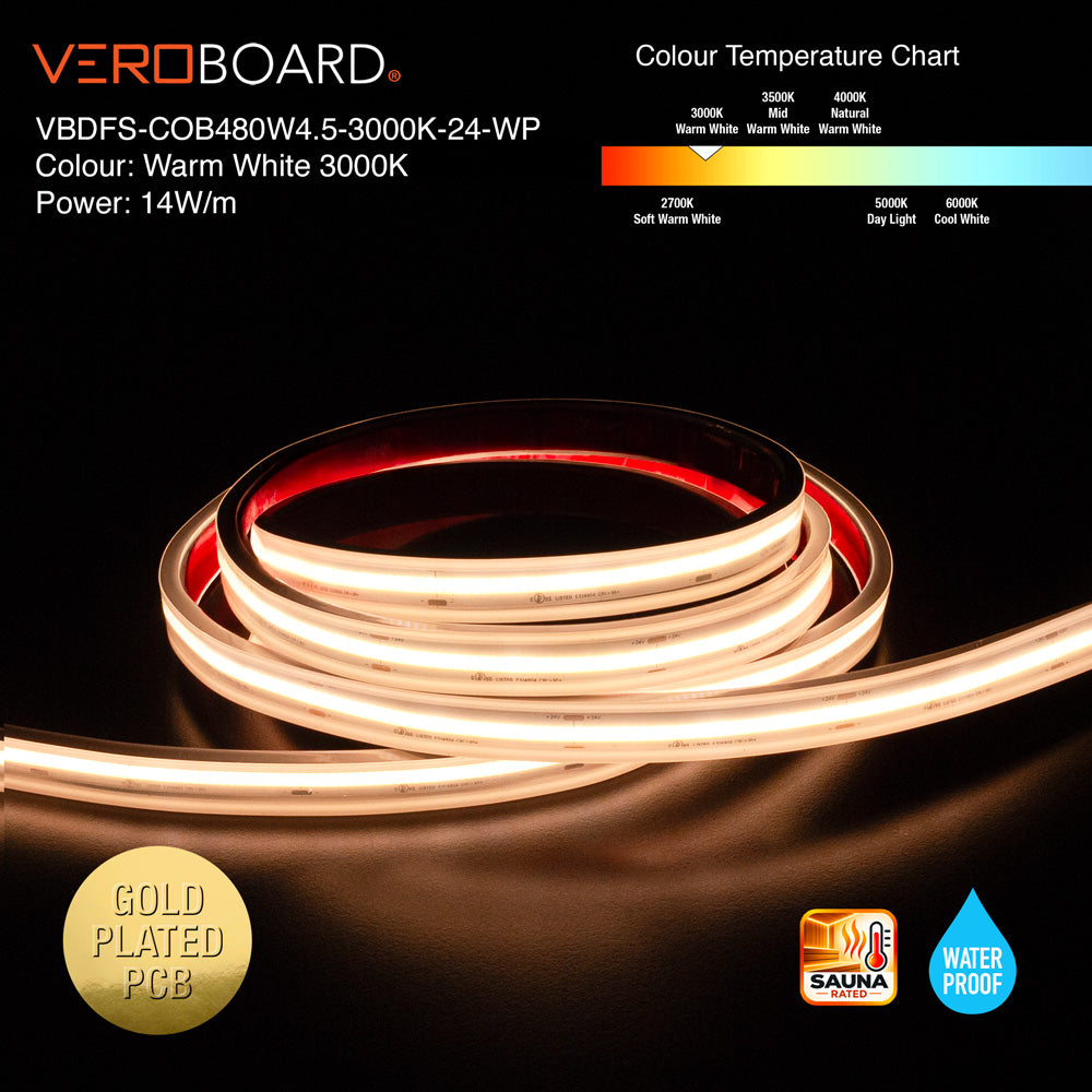 VBDFS-COB480W4.5-xxxx-24-WP Waterproof COB LED Strip, 1190Lm/m (363Lm/ft) 14W/m(4.5W/ft) CCT(2.7K, 3K, 3.5K, 4K, 5K)