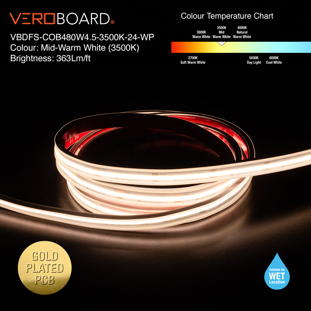 VBDFS-COB480W4.5-xxxx-24-WP Waterproof COB LED Strip, 1190Lm/m (363Lm/ft) 14W/m(4.5W/ft) CCT(2.7K, 3K, 3.5K, 4K, 5K)