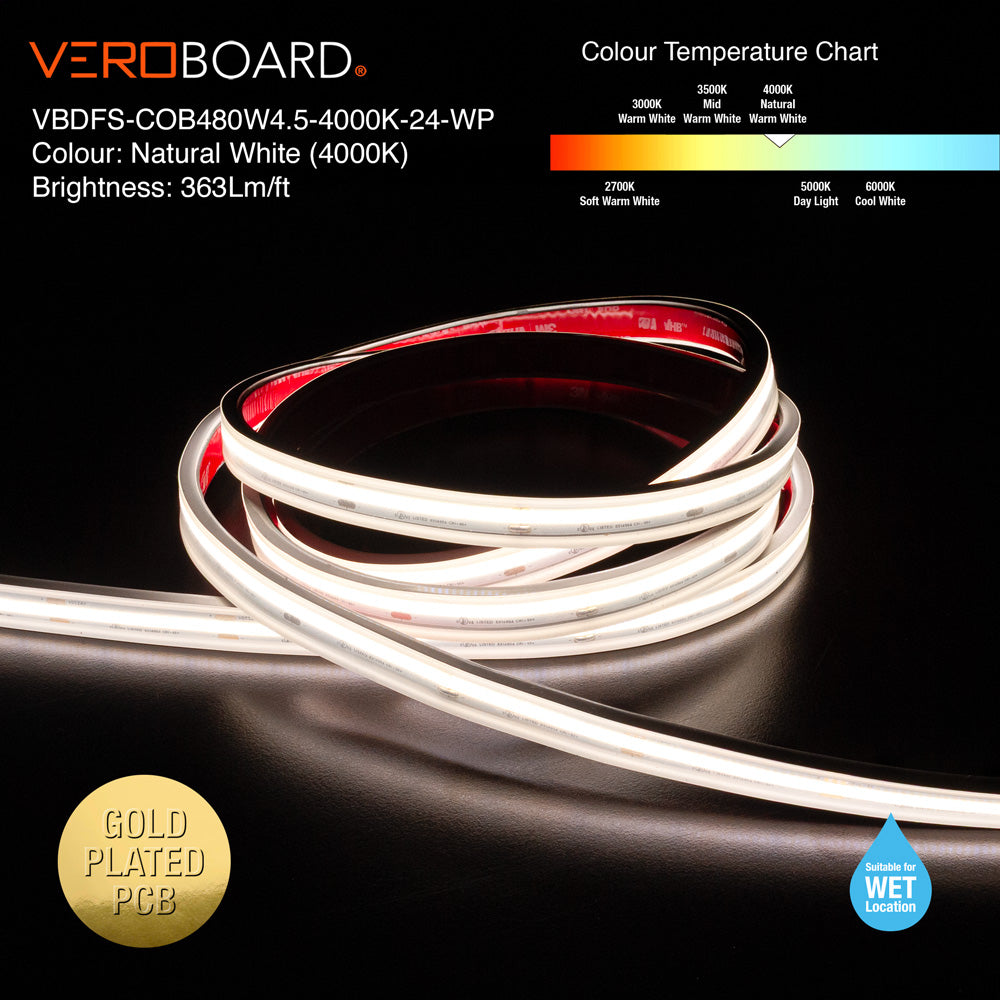 VBDFS-COB480W4.5-xxxx-24-WP Waterproof COB LED Strip, 1190Lm/m (363Lm/ft) 14W/m(4.5W/ft) CCT(2.7K, 3K, 3.5K, 4K, 5K)