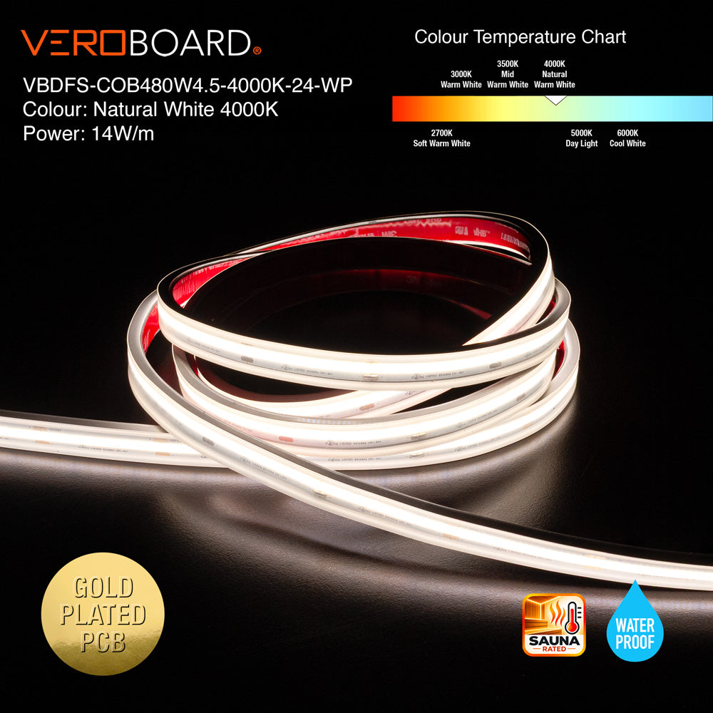 VBDFS-COB480W4.5-xxxx-24-WP Waterproof COB LED Strip, 1190Lm/m (363Lm/ft) 14W/m(4.5W/ft) CCT(2.7K, 3K, 3.5K, 4K, 5K)
