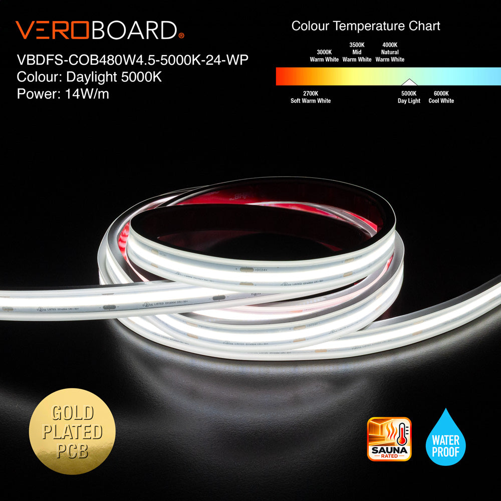 VBDFS-COB480W4.5-xxxx-24-WP Waterproof COB LED Strip, 1190Lm/m (363Lm/ft) 14W/m(4.5W/ft) CCT(2.7K, 3K, 3.5K, 4K, 5K)
