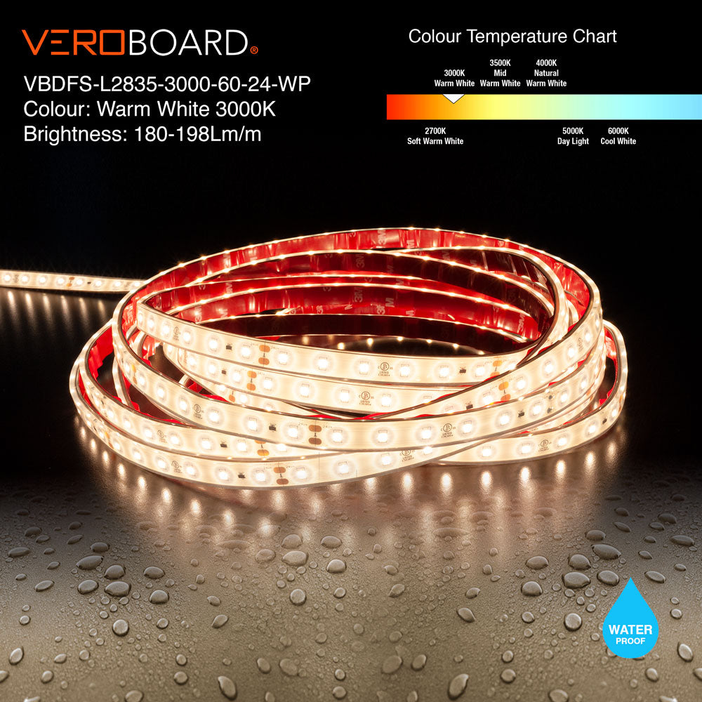 VBDFS-L2835-xxxx-60-24-WP Waterproof LED Strip, 654Lm/m (198Lm/ft) 4.5W/m(1.5W/ft) CCT(3K, 6K)
