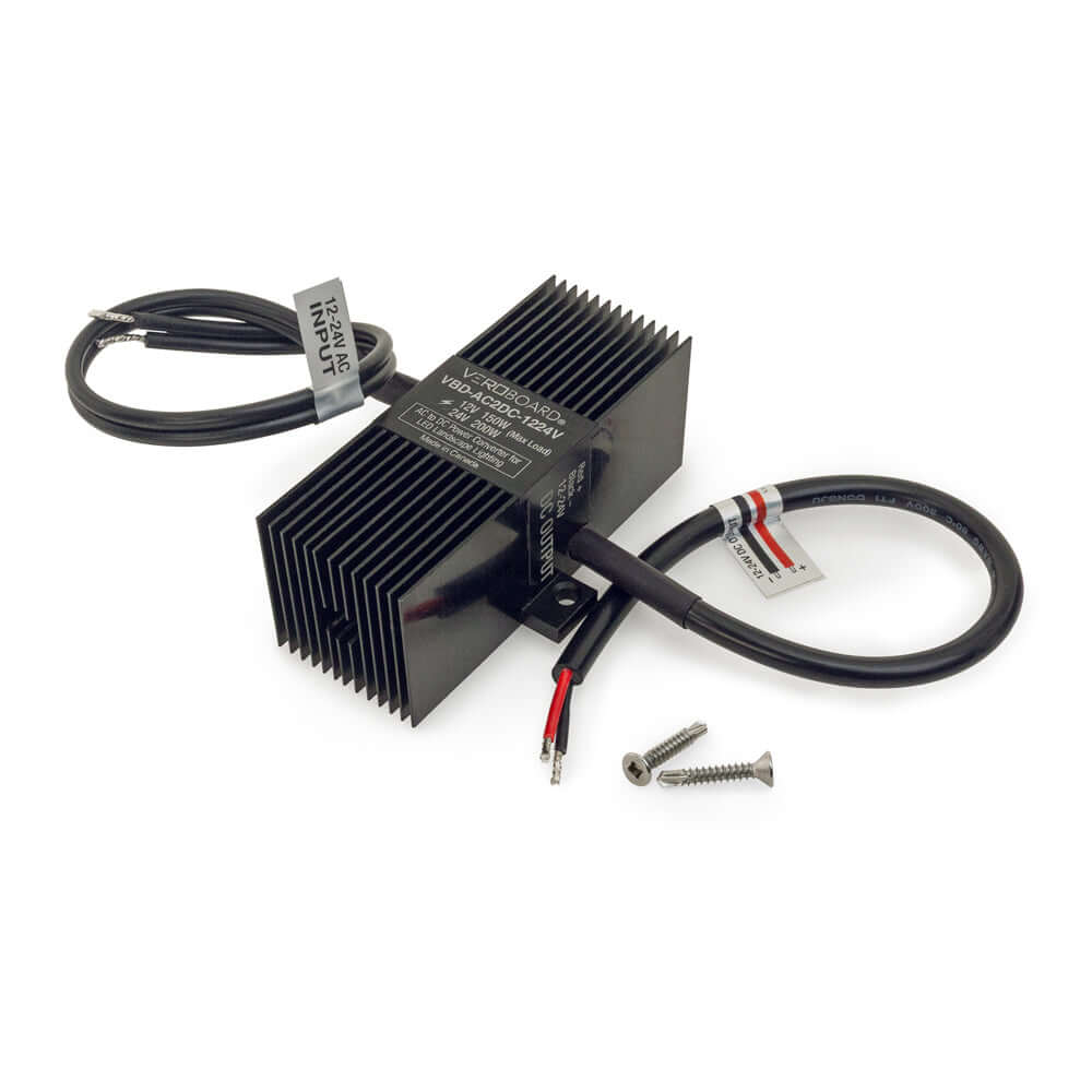VBD-AC2DC-1224V AC to DC power converter for LED lighting, includes heat sink and wiring accessories.