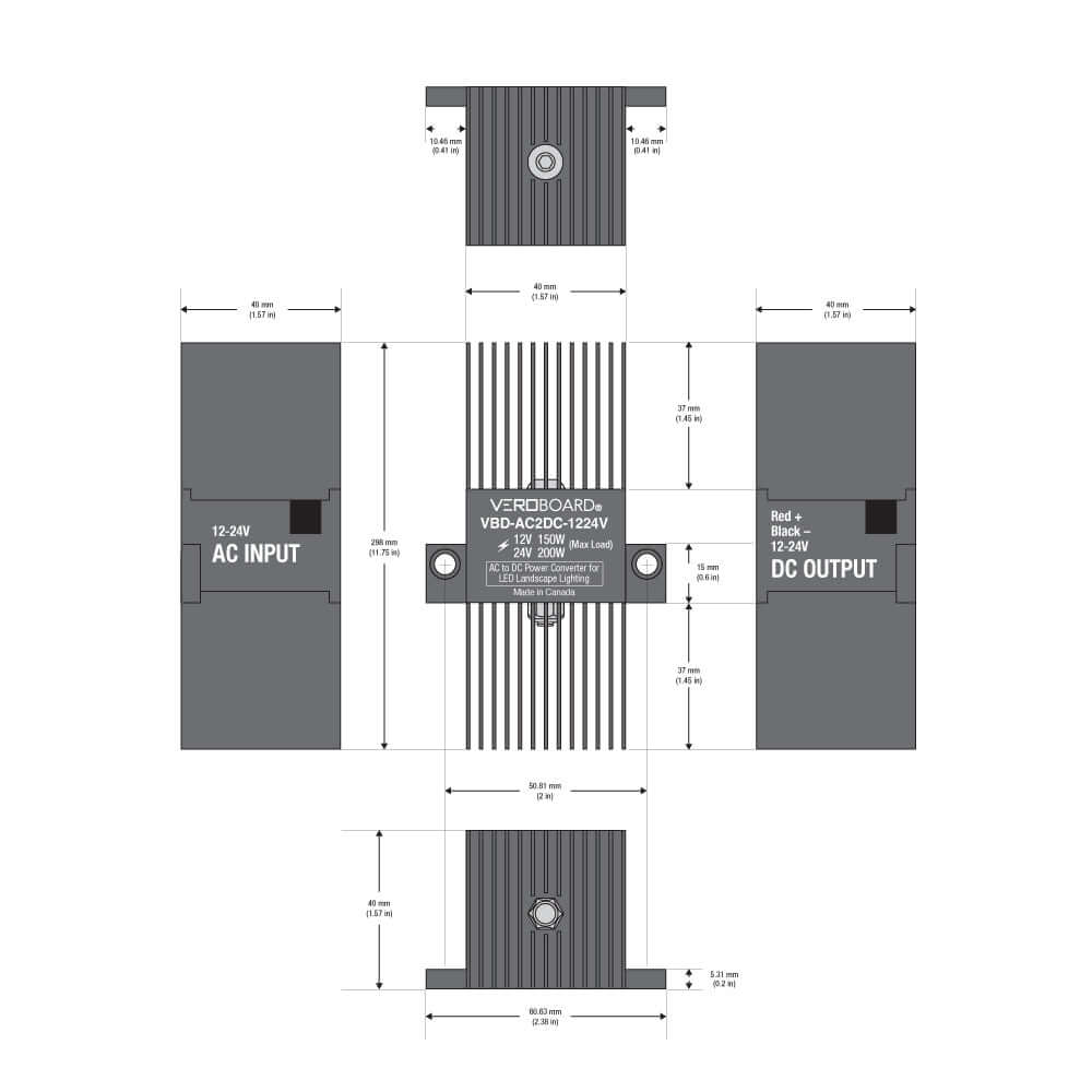 VBD-AC2DC-1224V power converter technical diagram showing AC input and DC output specifications.
