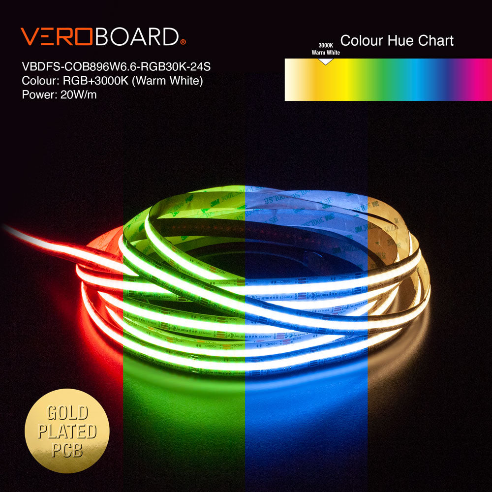VBDFS-COB896W6.6-RGB30K-24S Color Changing LED Strip, 20W/m(6.6W/ft) RGBW Gold PCB