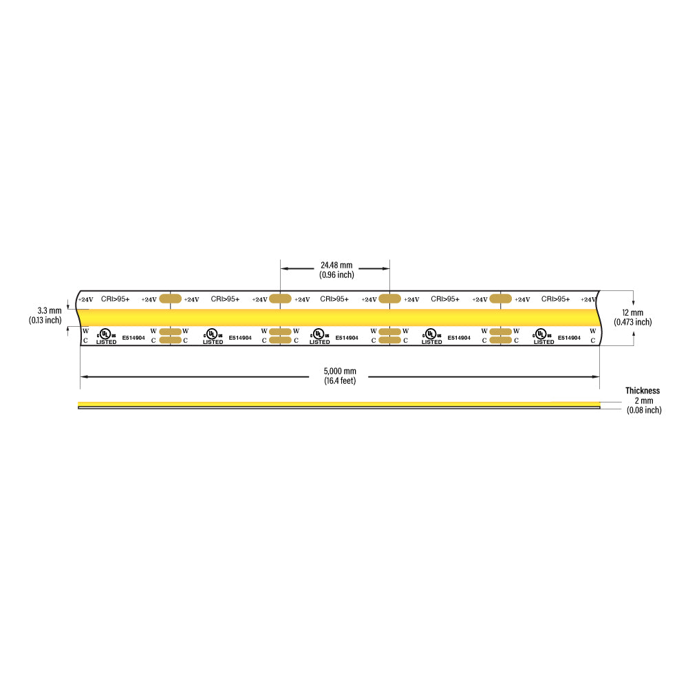 VBDFS-COB640W4.5-27-60-24S COB Hybrid Adjustable Color Temperature LED Strip, 14W/m(4.5W/ft)