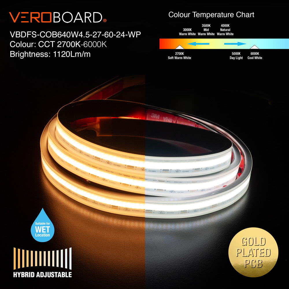 VBDFS-COB640W4.5-27-60-24-WP COB Hybrid Adjustable Color Temperature LED Strip, 14W/m(4.5W/ft)