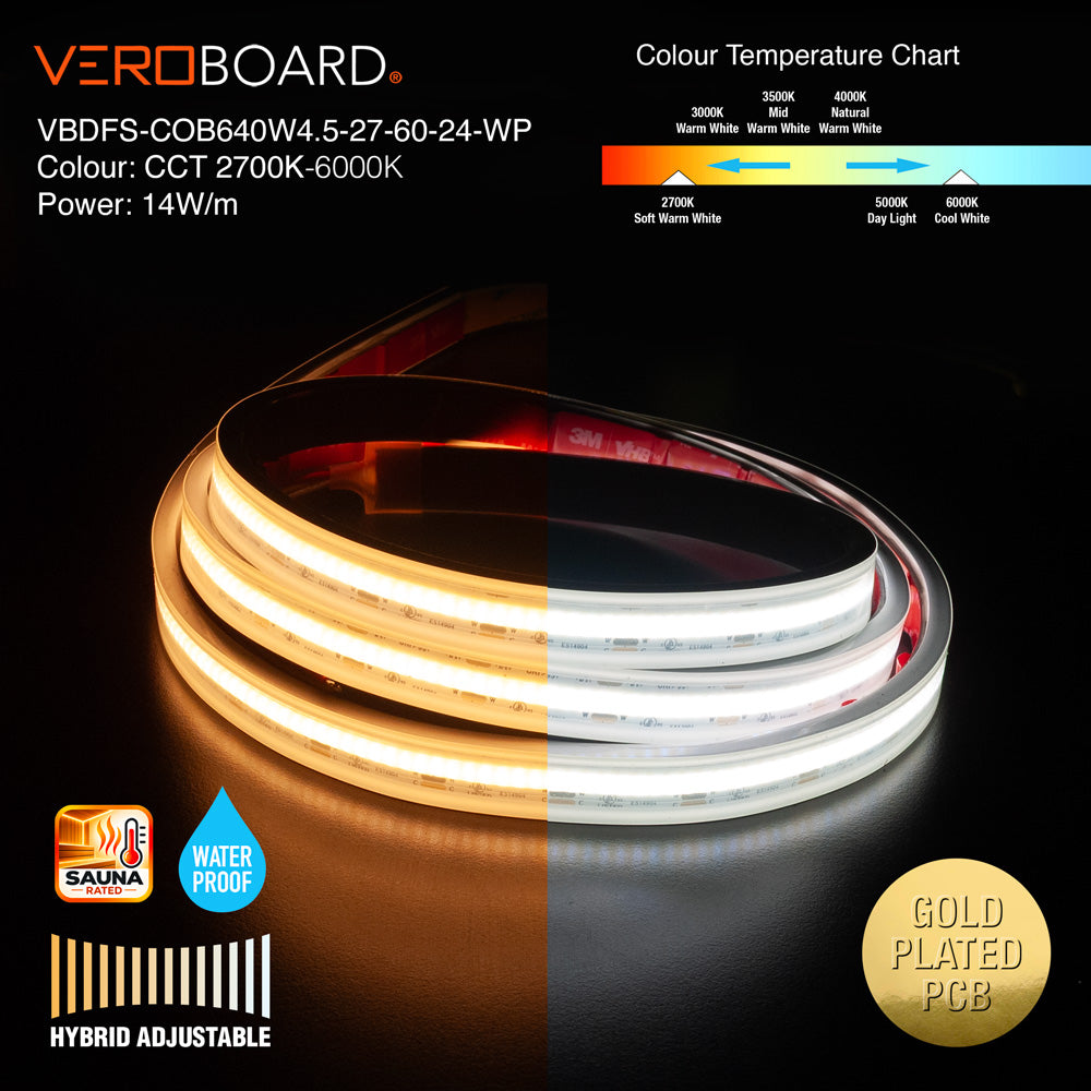 VBDFS-COB640W4.5-27-60-24-WP COB Hybrid Adjustable Color Temperature LED Strip, 14W/m(4.5W/ft)