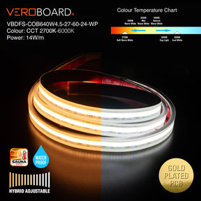VBDFS-COB640W4.5-27-60-24-WP COB Hybrid Adjustable Color Temperature LED Strip, 14W/m(4.5W/ft)