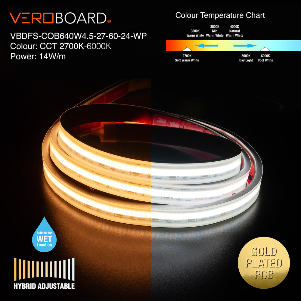 VBDFS-COB640W4.5-27-60-24-WP COB Hybrid Adjustable Color Temperature LED Strip, 14W/m(4.5W/ft)