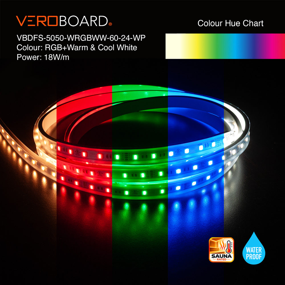 VBDFS-5050-WRGBWW-60-24-WP Waterproof SMD LED Strip, 18W/m(5.5W/ft) CCT(RGB + Tunable White)