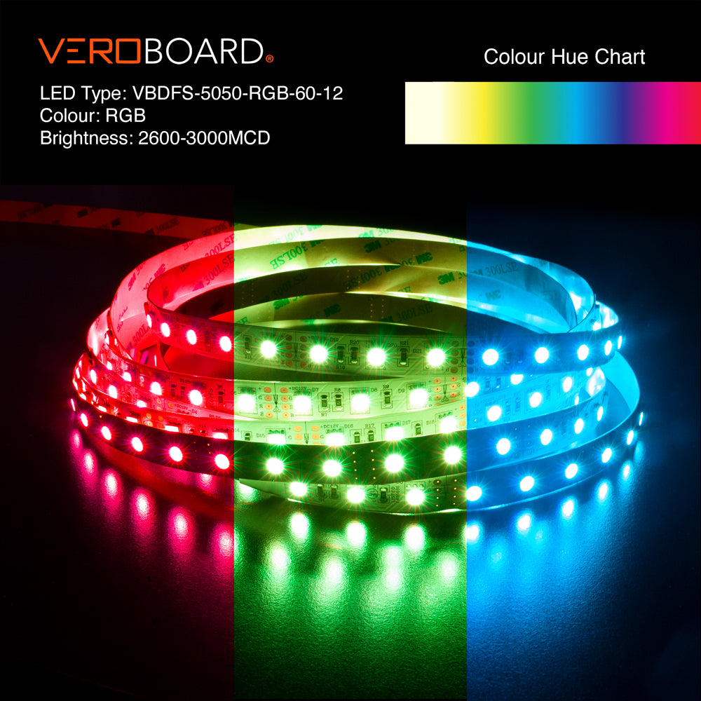 VBDFS-5050-RGB-60-12-NS Color Changing LED Strip, 14.4W/m(4.5W/ft) RGB, Veroboard