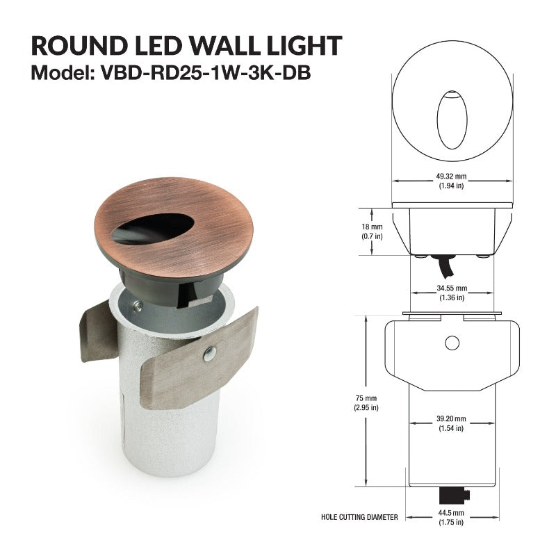 VBD-RD25-1W-3K-DB Round LED Step Lights, veroboard