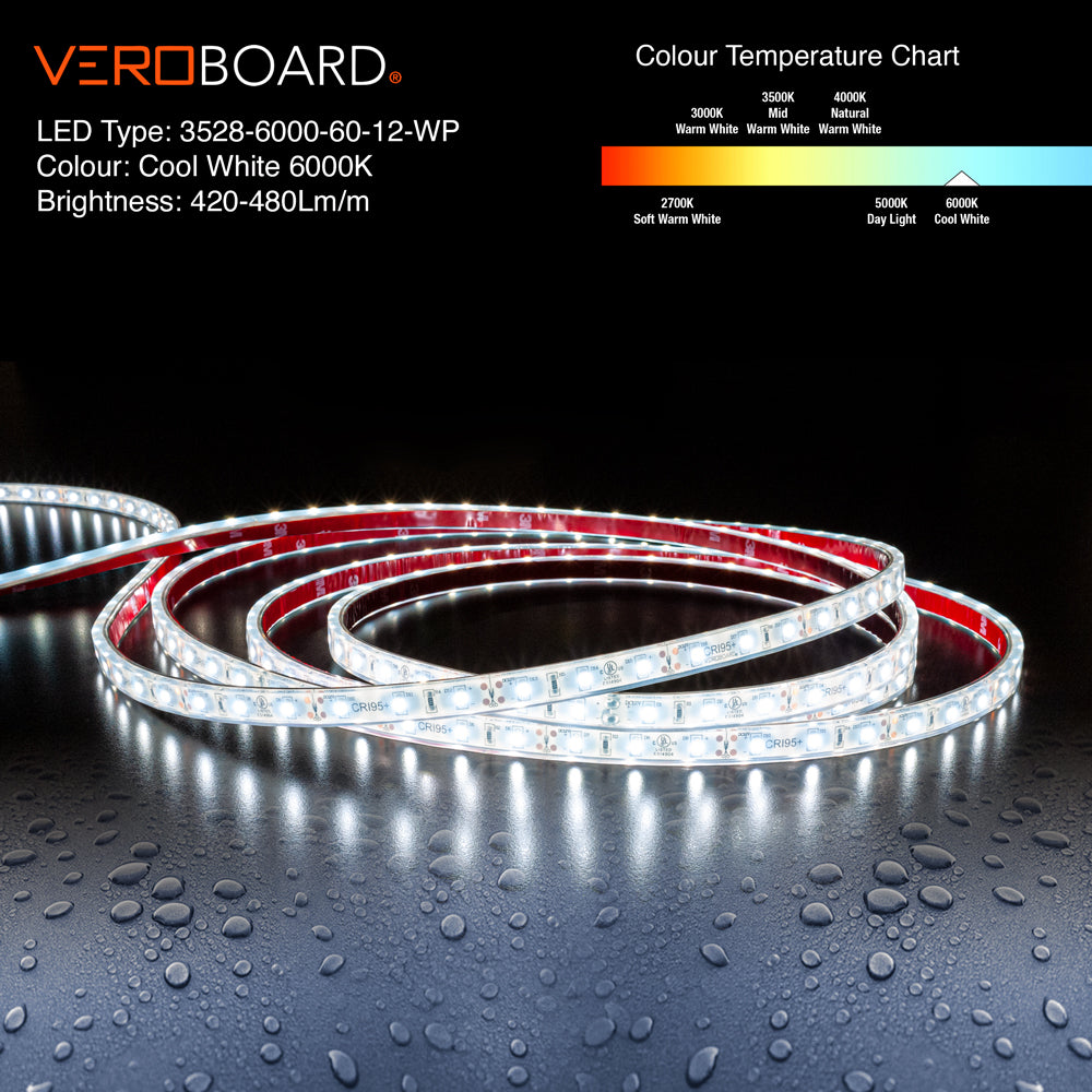 VBDFS-3528-xxxx-60-12-WP Weatherproof LED Strip, 480Lm/m(144Lm/ft) 4.5W/m(1.5W/ft) CCT(3K, 6K), Veroboard