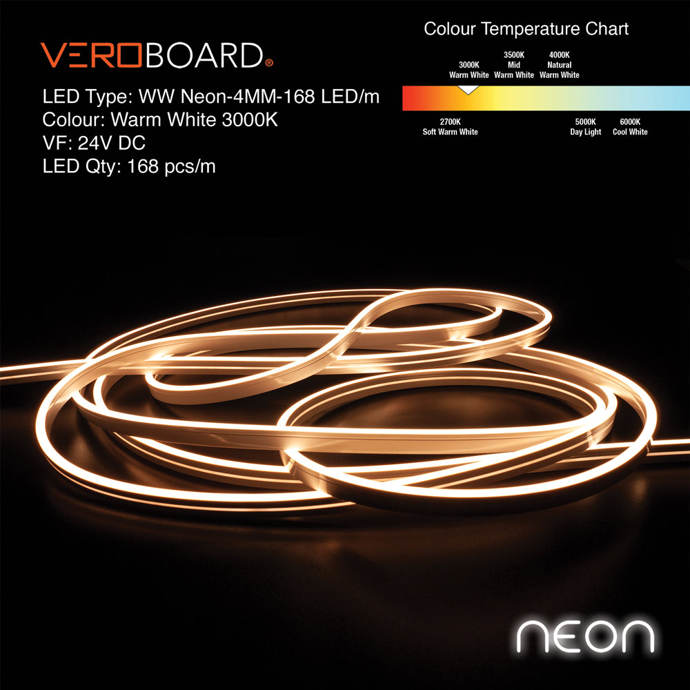 VBDFS-WW Neon-4MM-168 LED/m Flexible Neon LED Strip (5 Meter Roll/ 16.4ft), Veroboard 