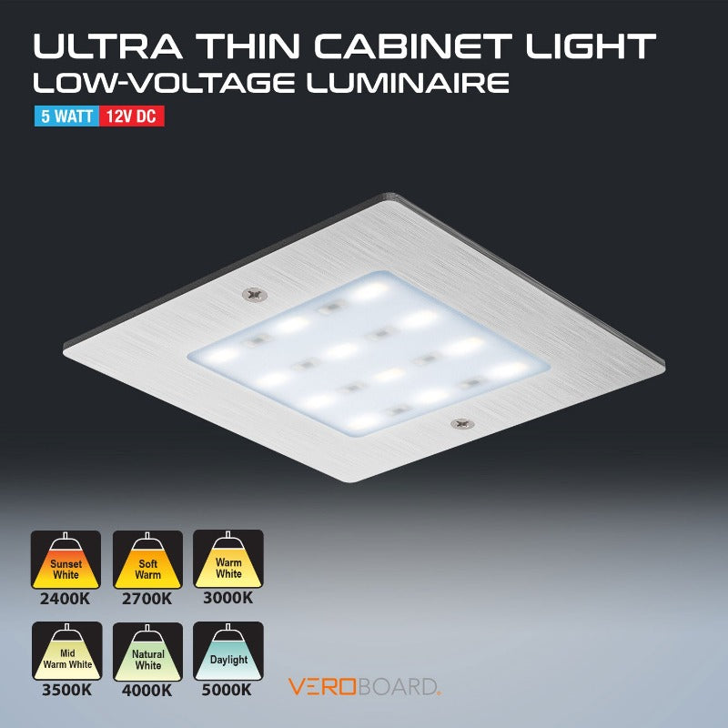 VBUN-S50-12V-BN Square Ultrathin Surface Mount Cabinet Light 12V 5W Brushed Nickel, Veroboard