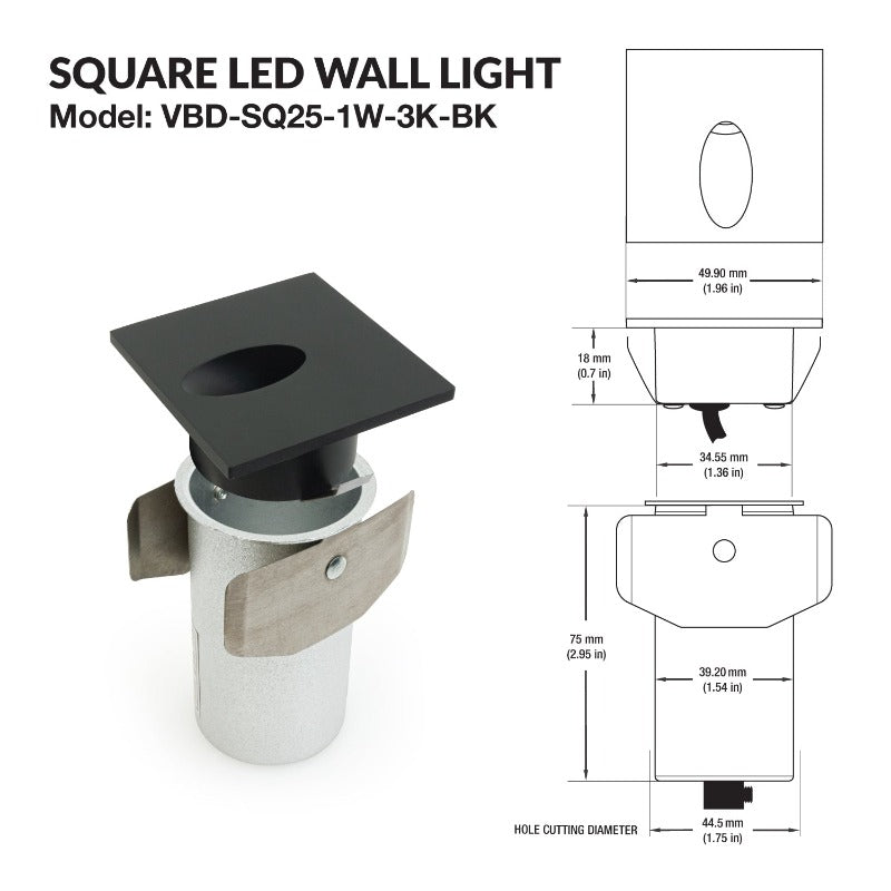 VBD-SQ25-1W-3K-BK Square LED Step Lights, Veroboard