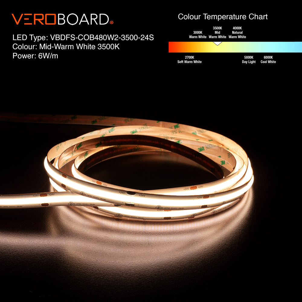 VBDFS-COB480W2-xxxx-24S 510Lm/m(155Lm/ft) 6W/m(2W/ft) CCT(2.7K, 3K, 3.5K, 4K, 5K) led strip, led ribbon, veroboard