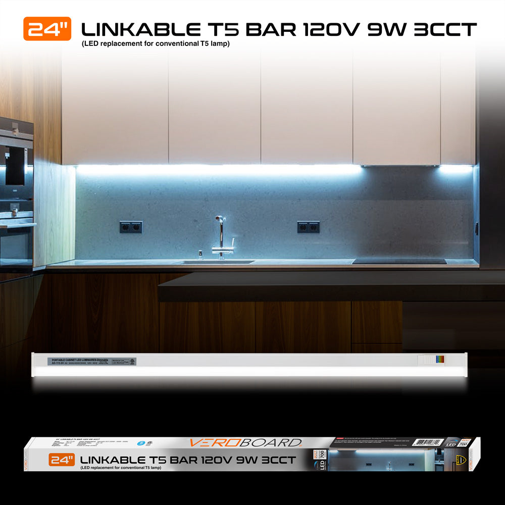 T5 Bar 24 inch 120V 9W 700Lm 3CCT Selectable(3K, 4K, 5K), cabinet lighting, veroboard