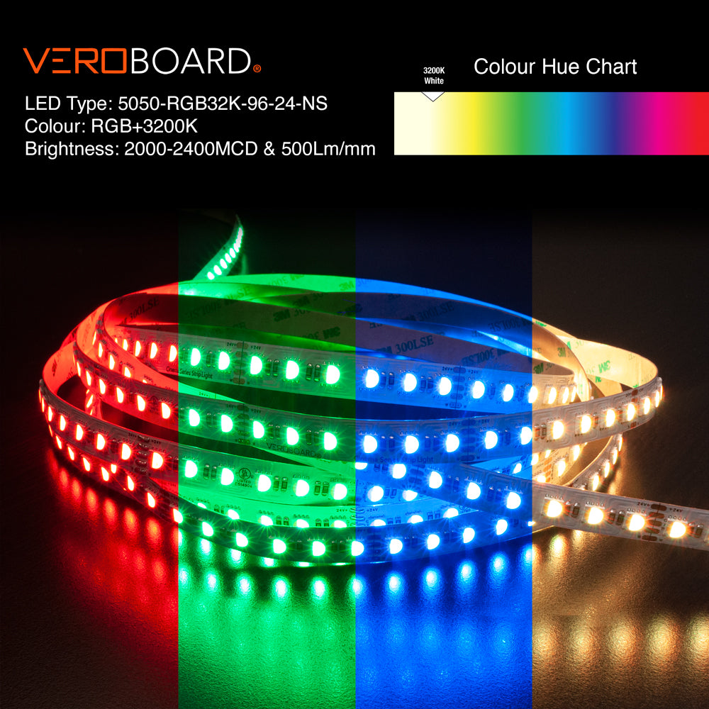 VBDCFS-5050-RGB3.2K-96-24-NS Color Changing LED Strip, 18W/m(5.5W/ft) RGBW(3.2K) led strip, led ribbon veroboard